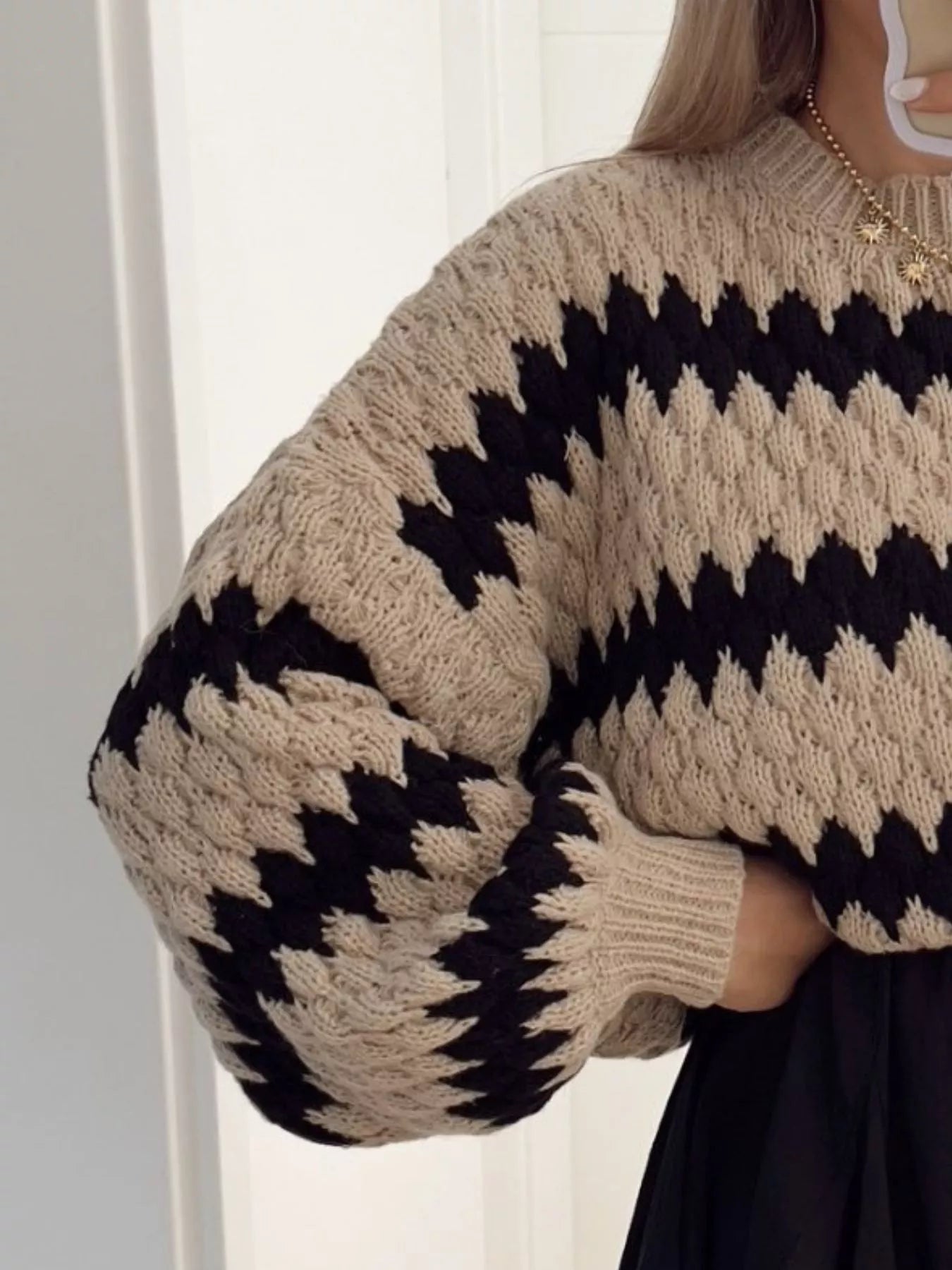 Sarah Express Women's Striped Round Neck Dropped Shoulder Sweater