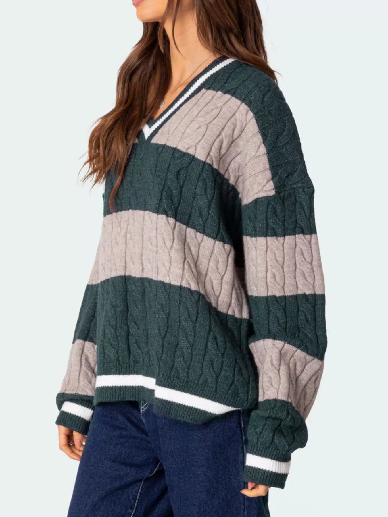 Sarah Express Women's Striped Cable Knit V-Neck Sweater - Oversized Fit Dark Green
