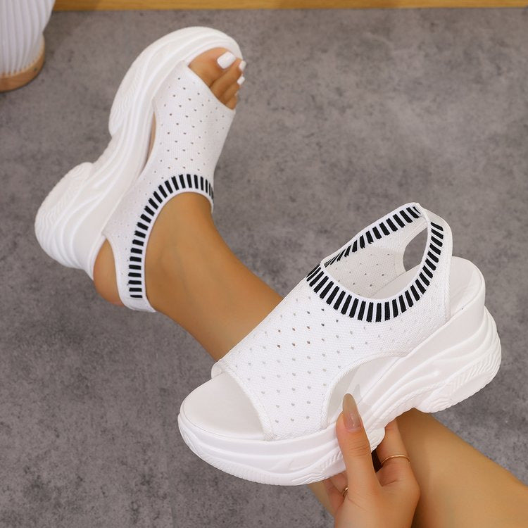 Sarah Express Women's Slip-On Flyknit Sporty Sandals | Thick-Soled Peep-Toe Mesh Sneaker Sandals
