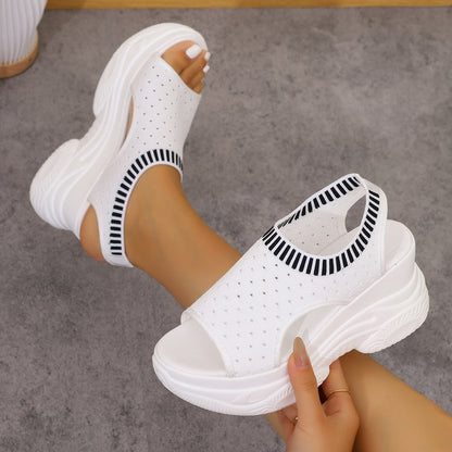 Sarah Express Women's Slip-On Flyknit Sporty Sandals | Thick-Soled Peep-Toe Mesh Sneaker Sandals