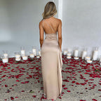 One Shoulder Backless Slit Satin Maxi Dress Women's Evening Party
