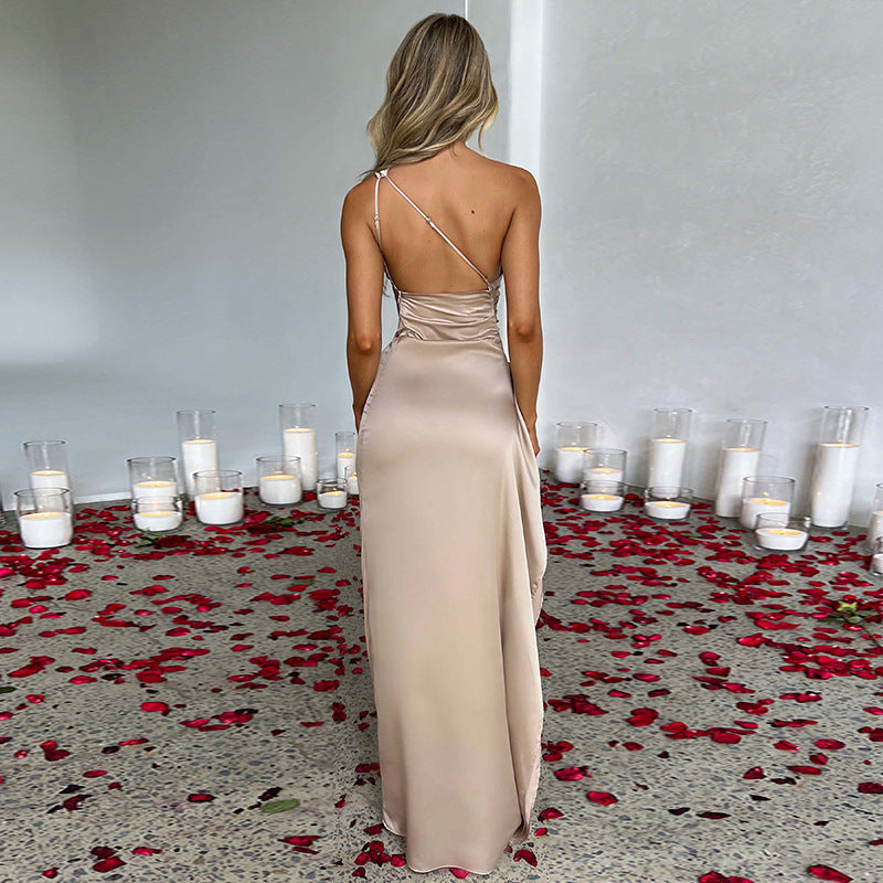 One Shoulder Backless Slit Satin Maxi Dress Women's Evening Party