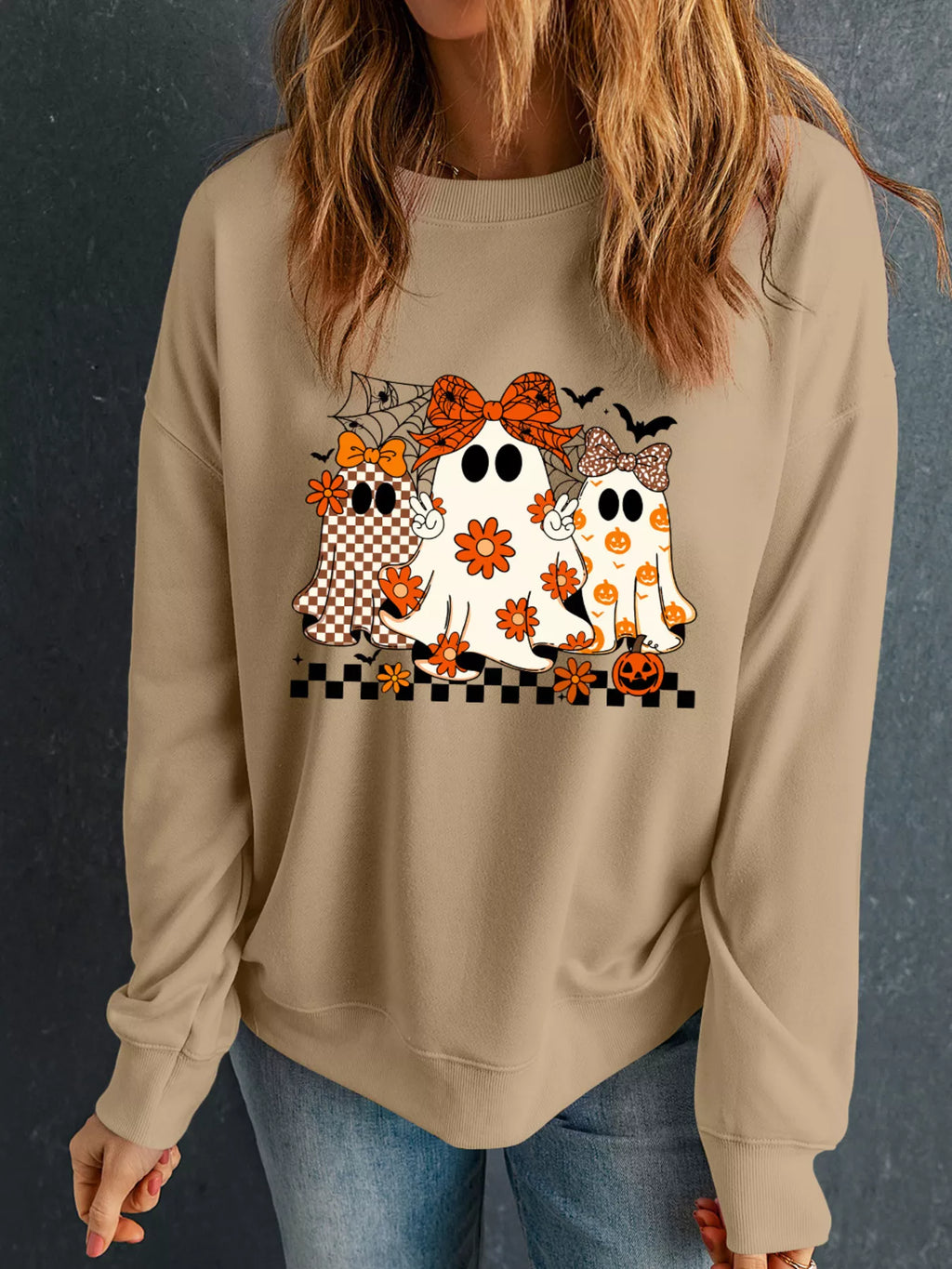 Sarah Express Women's Halloween Ghost Graphic Drop Shoulder Sweatshirt Camel