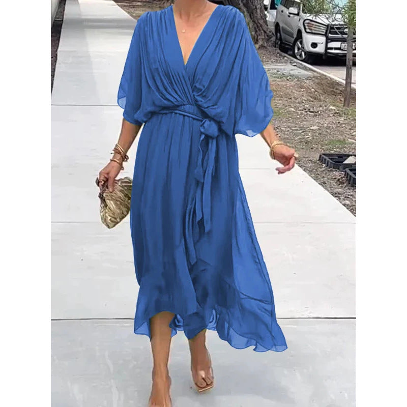 Women's Batwing Sleeve V-Neck Dress Summer Tie Detail Irregular Hem Mid-Length Fairy Dress