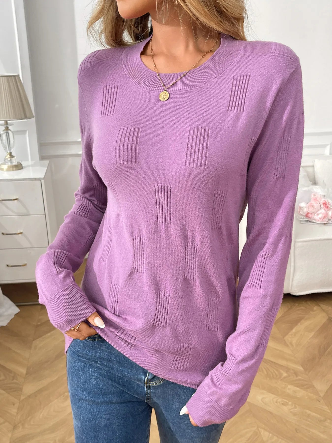 Sarah Express Women's Round Neck Long Sleeve Knit Top - Ribbed Stretch Casual Pullover Violet