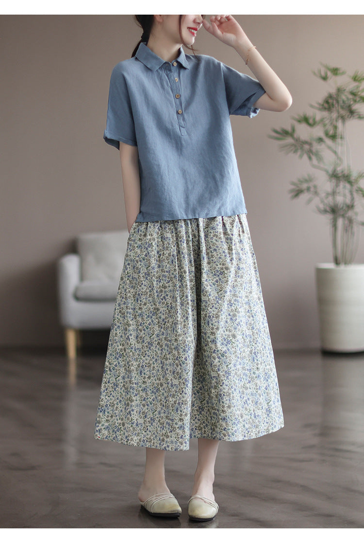 Floral Print Cotton Midi Skirt Elastic Waist Women's