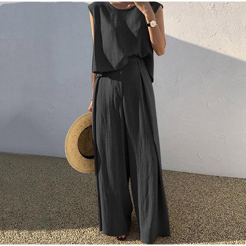 Women's Cotton Linen Two-Piece Set Sleeveless Top Wide Leg Pants Casual
