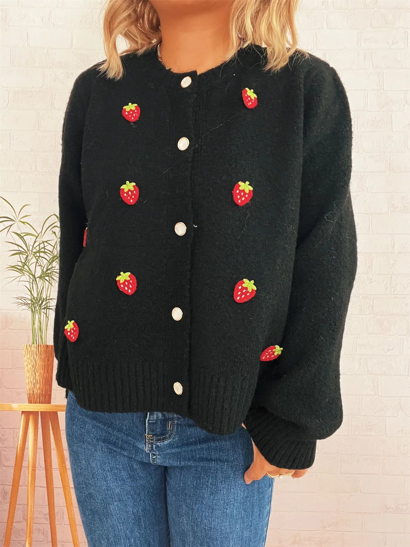Sarah Express Women's Strawberry Button Up Long Sleeve Cardigan Black One Size