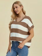 Sarah Express Women's Striped V-Neck Short Sleeve Sweater