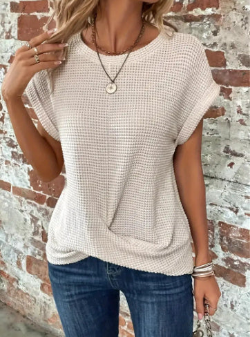 Women's Waffle Texture Crew Neck T-Shirt Short Sleeve Polyester Summer Top