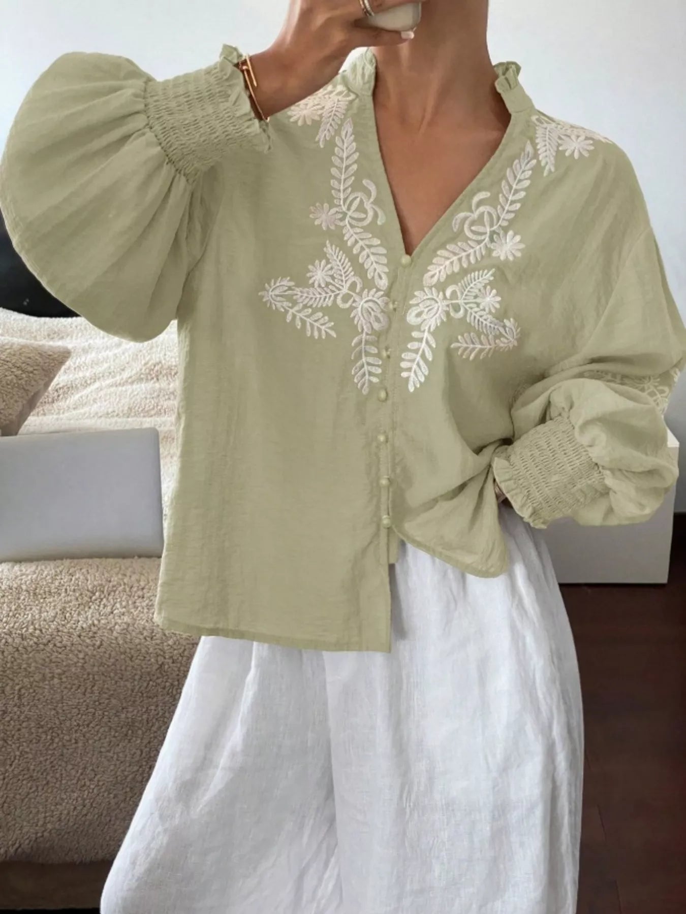 Sarah Express Women's Embroidered Long Sleeve Blouse Light Green