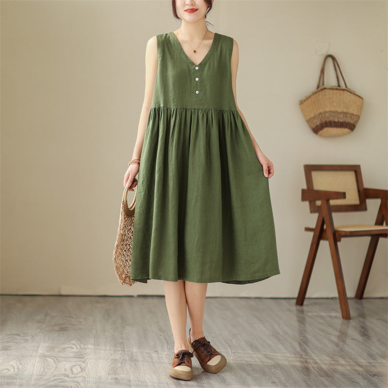 Women's Cotton Linen V-Neck Sleeveless Midi Dress Japanese Style Loose Fit Summer