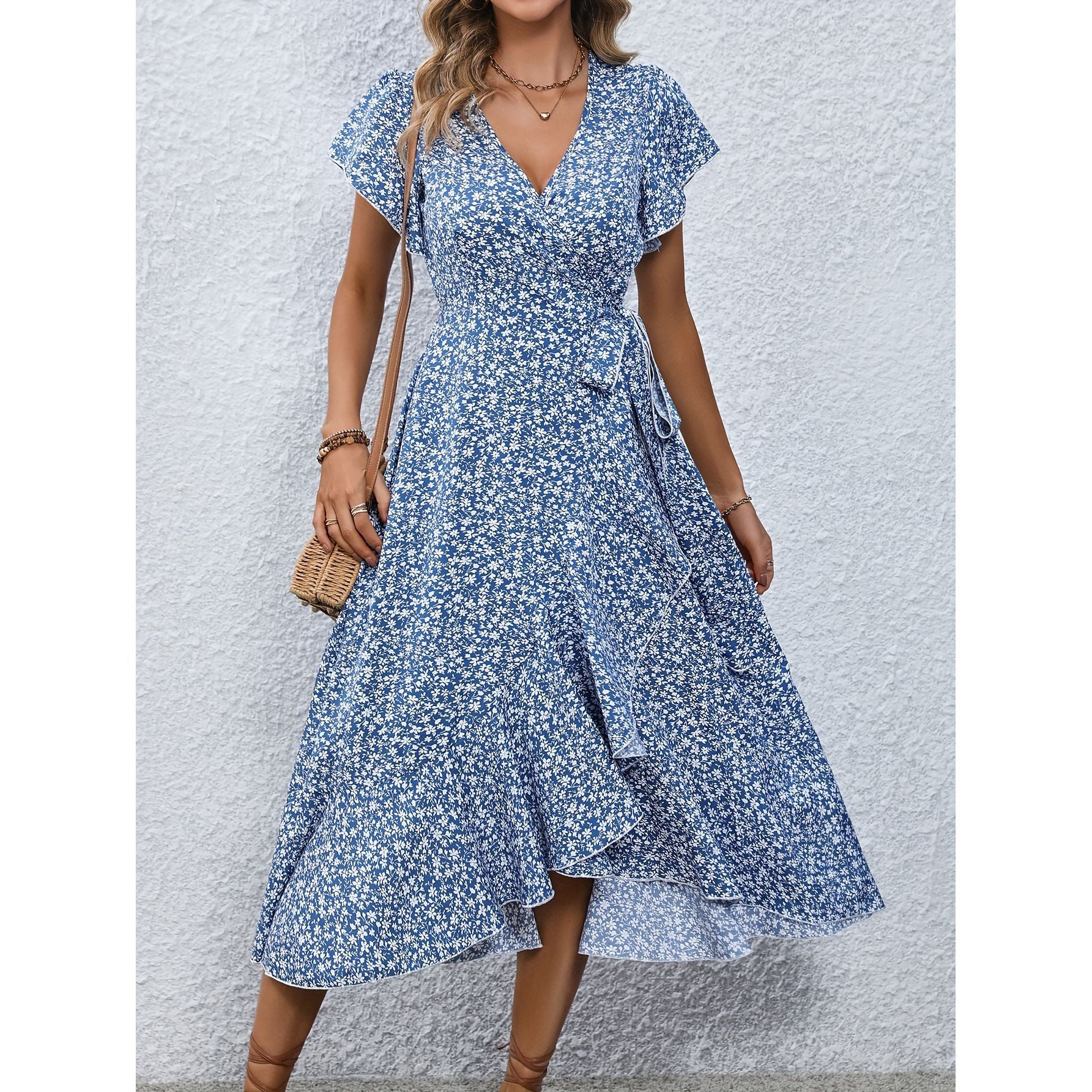 Floral Short Sleeve Fairy Dress Flowing Casual Summer Dress