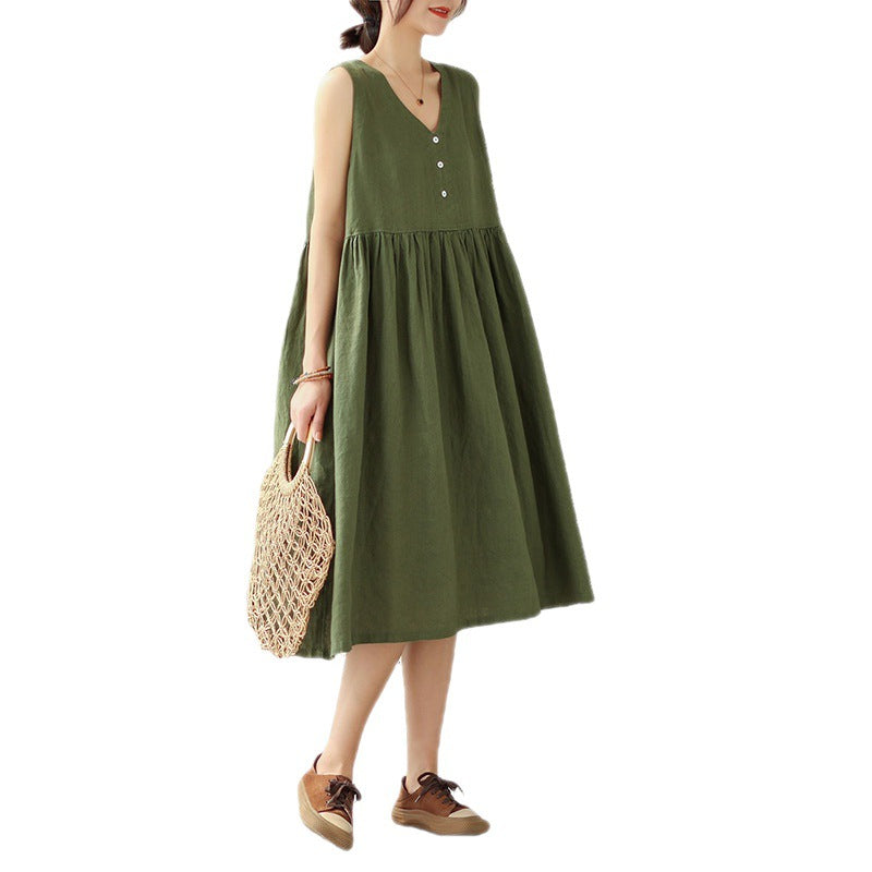 Women's Cotton Linen V-Neck Sleeveless Midi Dress Japanese Style Loose Fit Summer