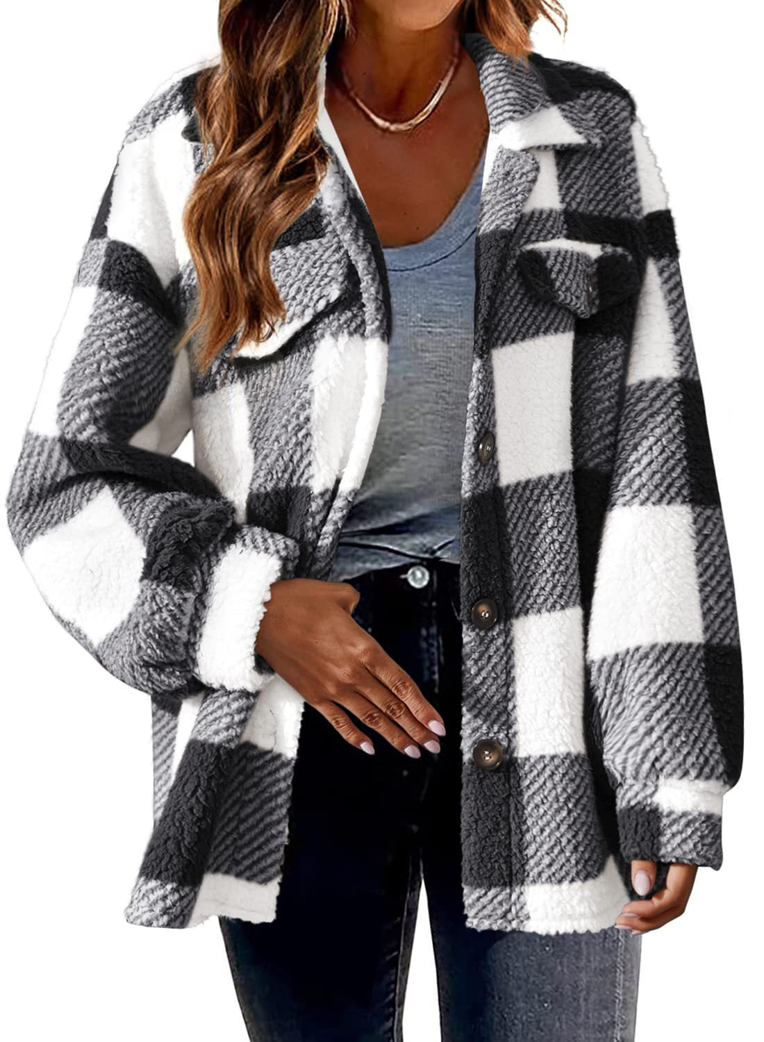 Women's Striped Plush Jacket - Button-Front Shacket Coat in 8 Colors - Loose Fit S-5XL Plus Size