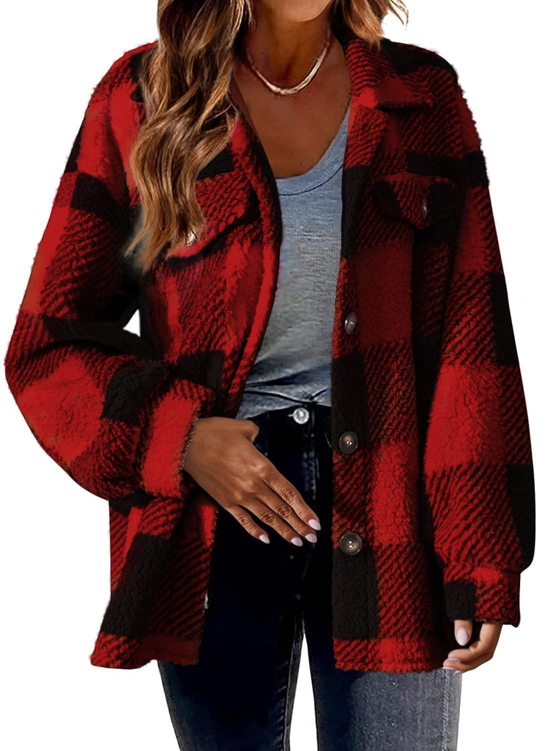 Women's Striped Plush Jacket - Button-Front Shacket Coat in 8 Colors - Loose Fit S-5XL Plus Size