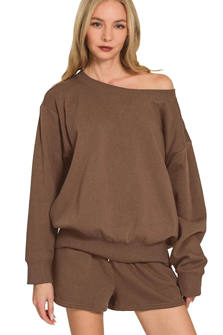 Fleece Boat Neck Sweatshirt and Shorts Set