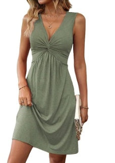 Twist Front V-Neck Dress Sleeveless Knit A-Line Midi Summer