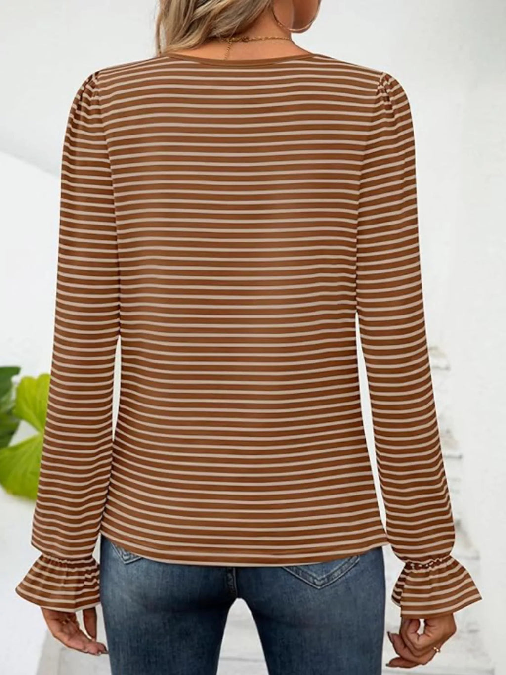 Sarah Express Women's Striped Long Sleeve T-Shirt with Square Neckline