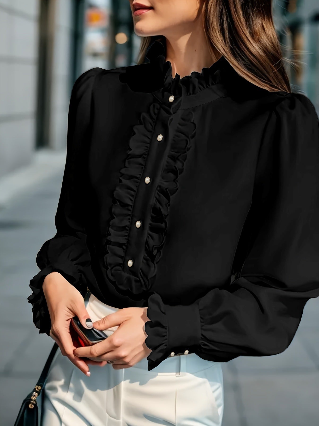 Women's Ruffled Cardigan Shirt Long Sleeve Button Front