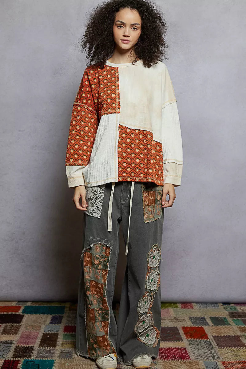 Sarah Express Women's Contrast Patchwork Round Neck Long Sleeve Top