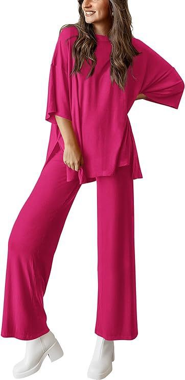 Two Piece Pullover Top Wide Leg Pants Set Polyester