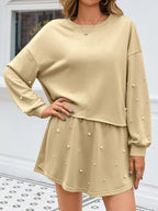 Sarah Express Women's Pearl Embellished Round Neck Top and Skort Set