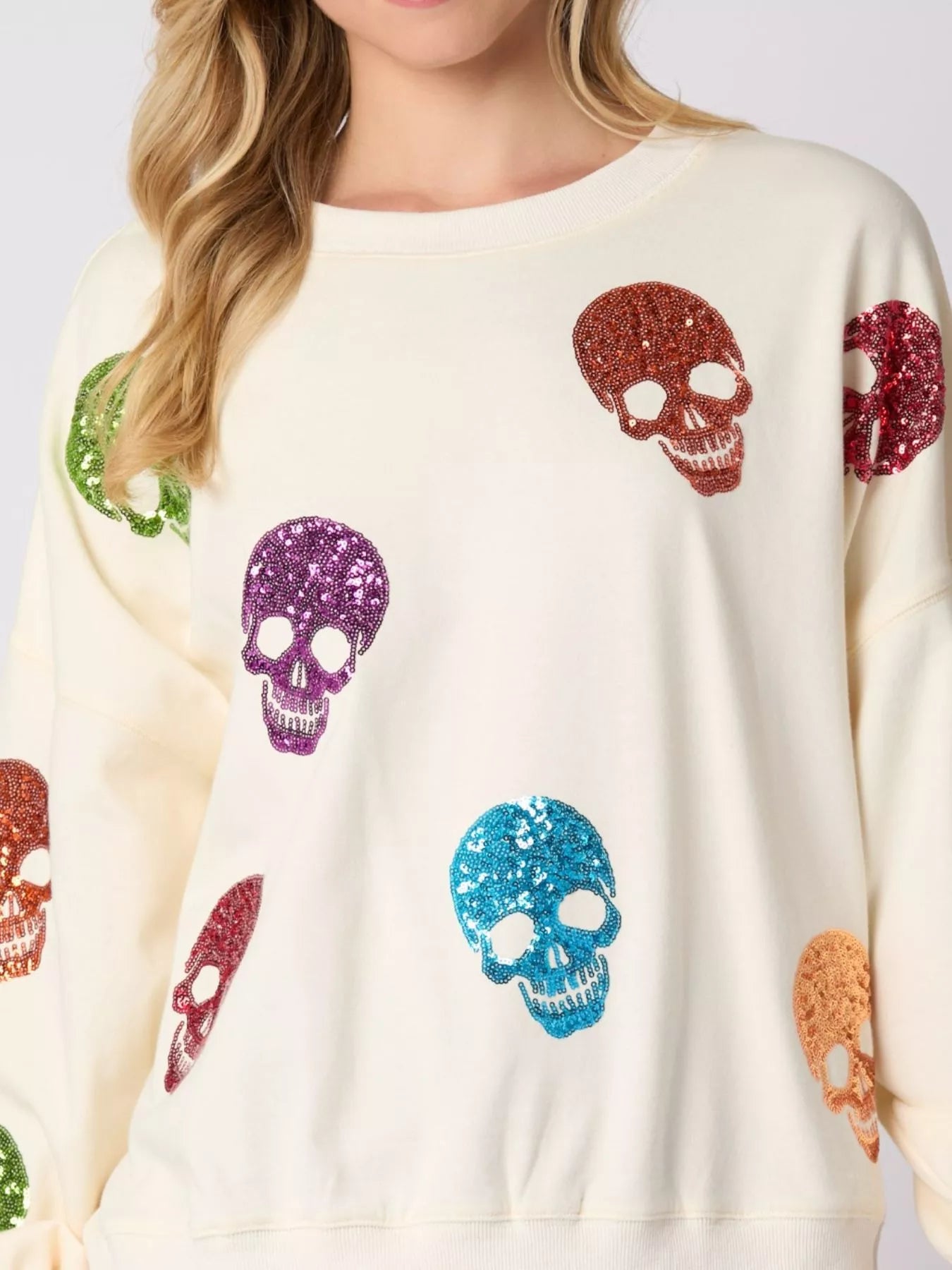 Sarah Express Women's Halloween Colorful Skull Sequin Oversized Sweatshirt