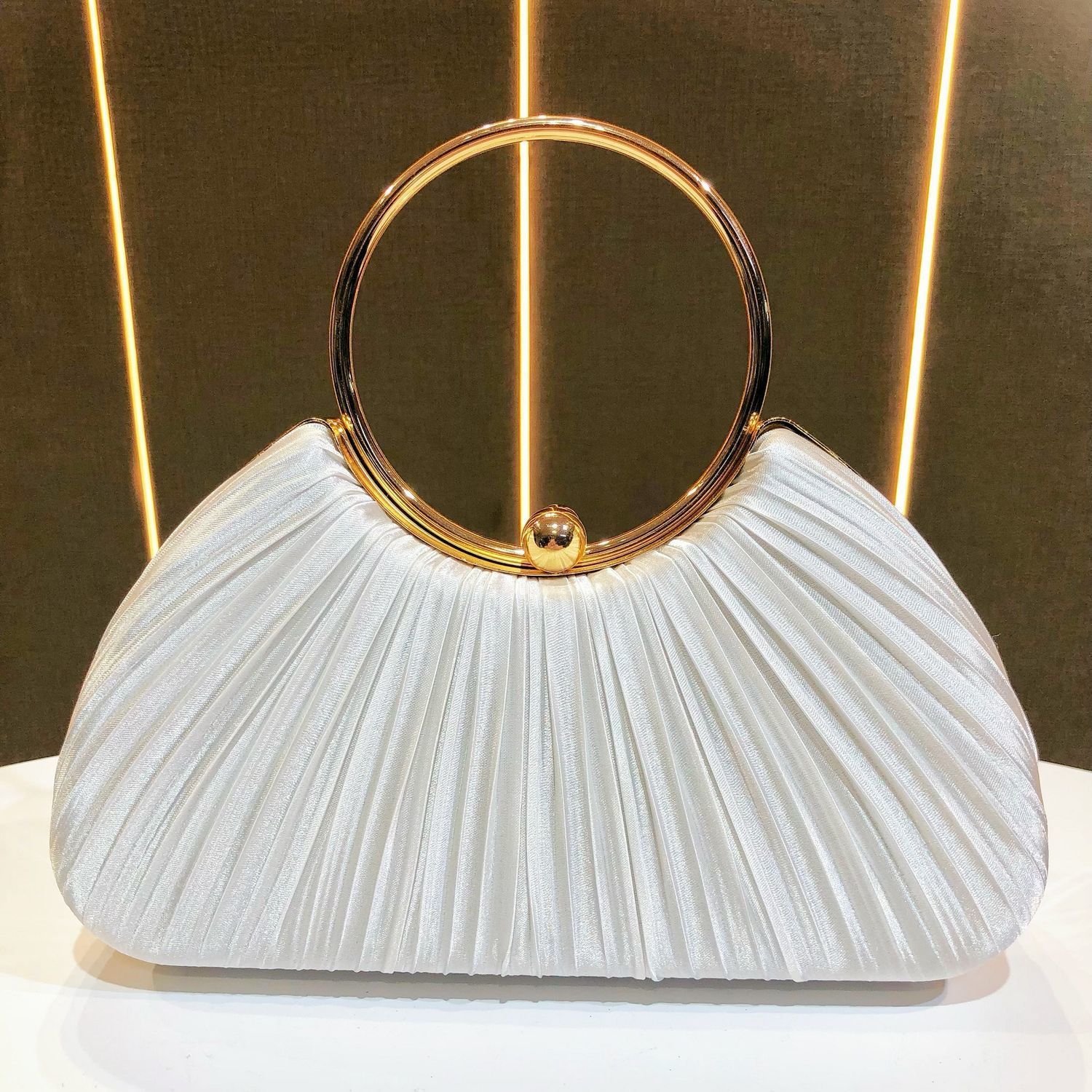 Sarah Express Elegant Satin Pleated Evening Clutch Bag - Cheongsam Style Formal Handbag with Hasp Lock White