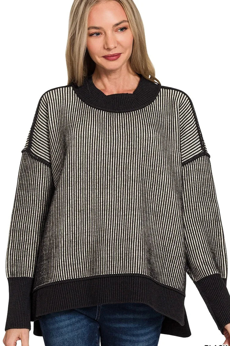 Sarah Express Women’s Oversized Striped Sweater with Exposed Seams Casual