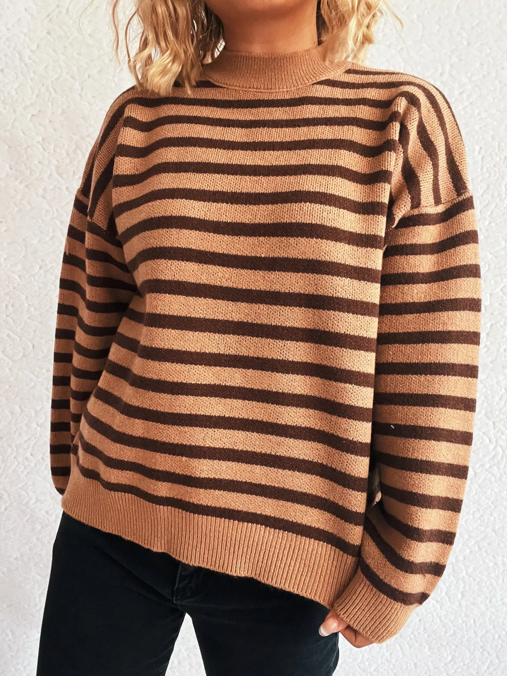 Sarah Express Women's Striped Mock Neck Long Sleeve Sweater - Oversized Ribbed Knit Top