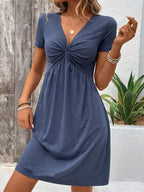 Women's V-Neck Twist Detail Short Sleeve Mid-Length Dress