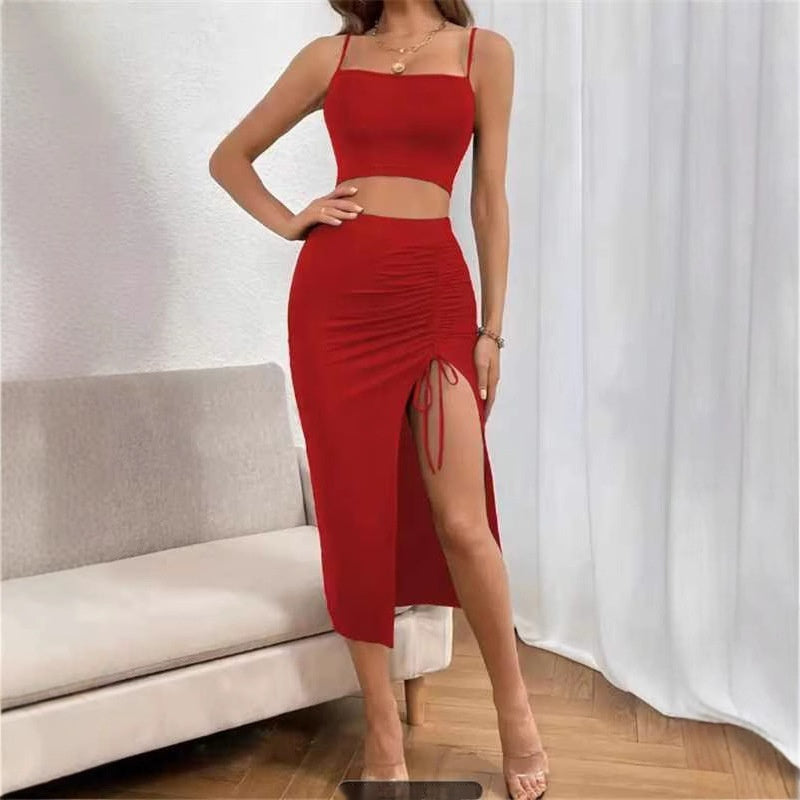 Women's Sleeveless Slim Fit Two Piece Dress Set with Split Skirt