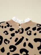 Sarah Express Women's Leopard Pattern Lace Ribbed Detail Button Cuffed Sweater