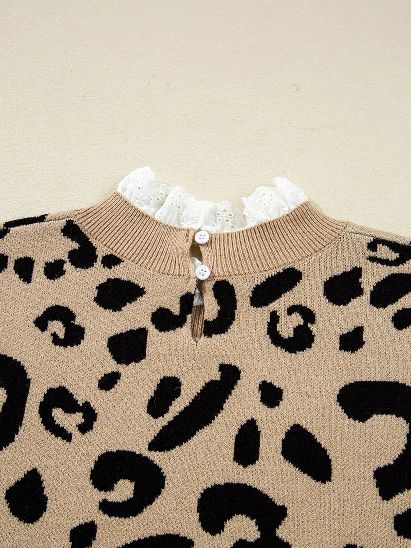 Sarah Express Women's Leopard Pattern Lace Ribbed Detail Button Cuffed Sweater