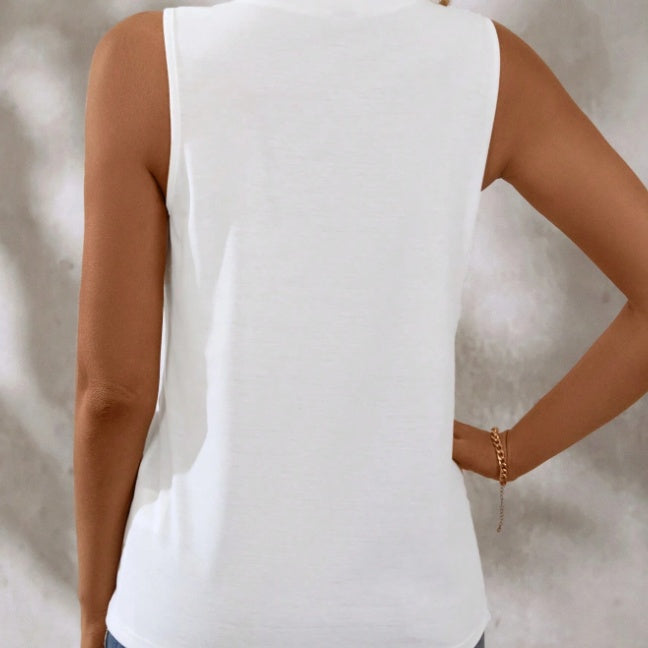 Round Neck Pleated Tank Top Sleeveless Loose Fit Button Detail