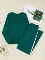 Sarah Express Women's Round Neck Top and Stripe Detail Drawstring Pants Set