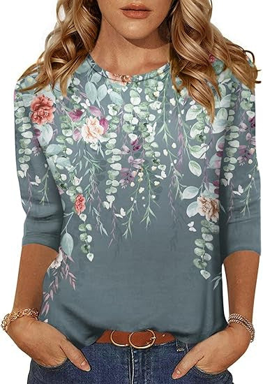 Women's Three-Quarter Sleeve Floral Print T-Shirt Top