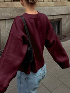 Sarah Express Women's Ribbed Round Neck Dropped Shoulder Sweater