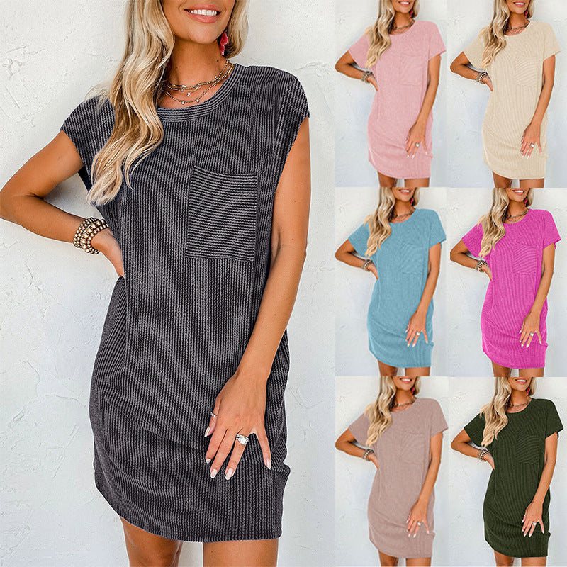 Women's Striped Short Sleeve Pocket Dress Casual Pullover