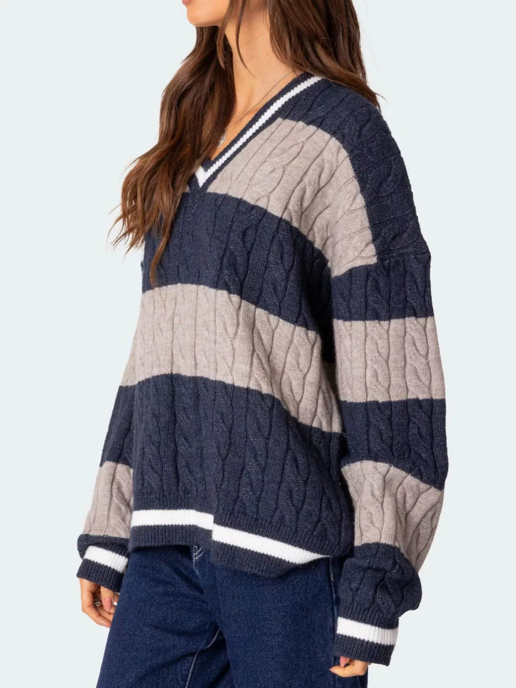 Sarah Express Women's Striped Cable Knit V-Neck Sweater - Oversized Fit