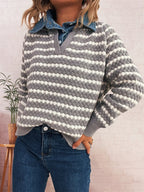 Sarah Express Women's Contrast Striped Sweater with Denim Collar - Openwork Knit Pullover