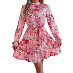 Women's Floral Print A-Line Dress - Standing Collar Long Sleeve Ruffle Dress