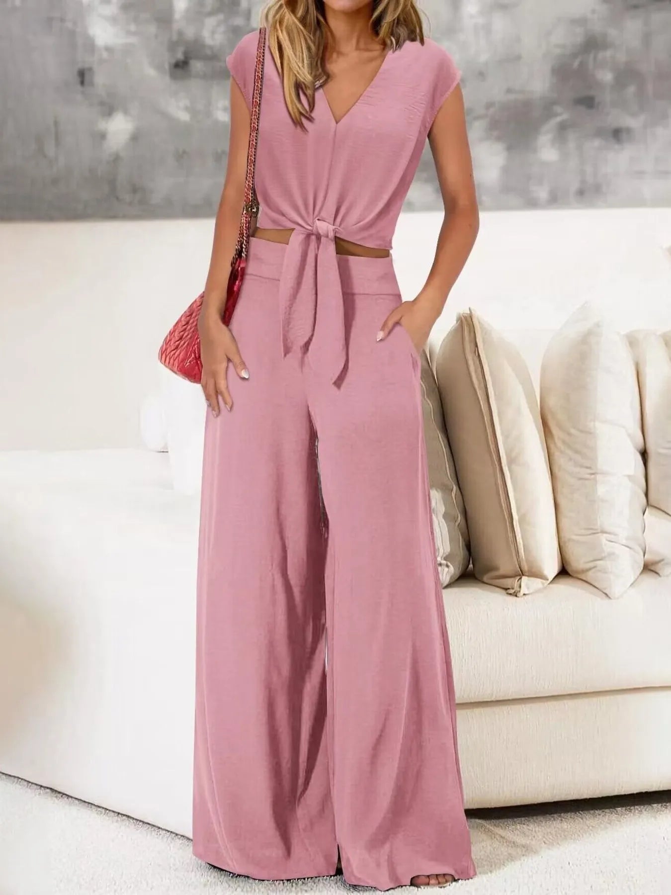 Sarah Express Women's Tie Front Top and Wide Leg Pants Set Pink