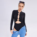 Women's Long Sleeve Fitted Top with Metal Accent Detail