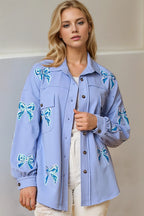 Sarah Express Women's Sequin Bow Button Up Shacket Light Blue