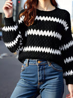 Sarah Express Women's Striped Round Neck Dropped Shoulder Sweater