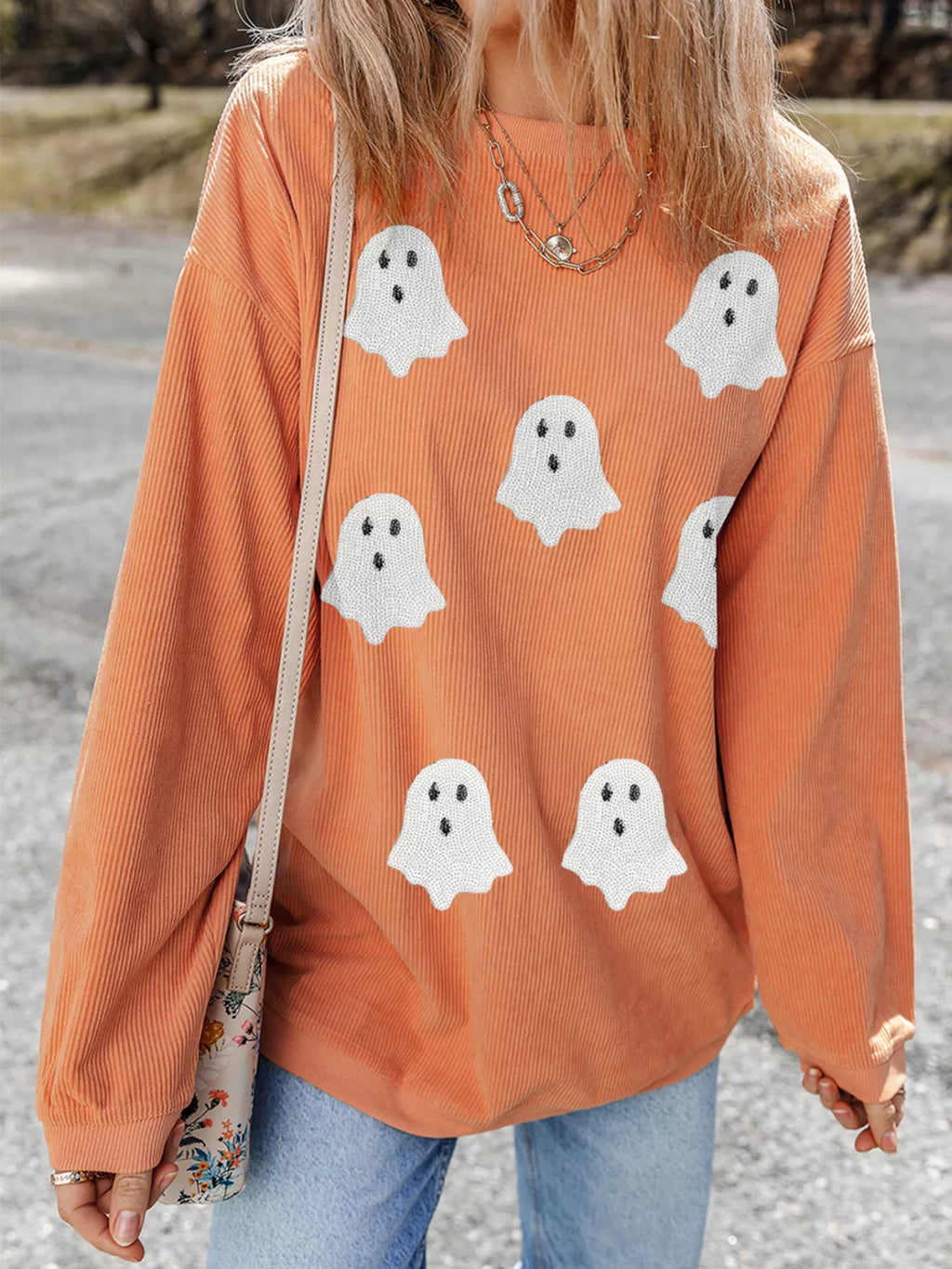 Sarah Express Women's Halloween Ghost Sequin Patched Twisted Ribbed Sweatshirt