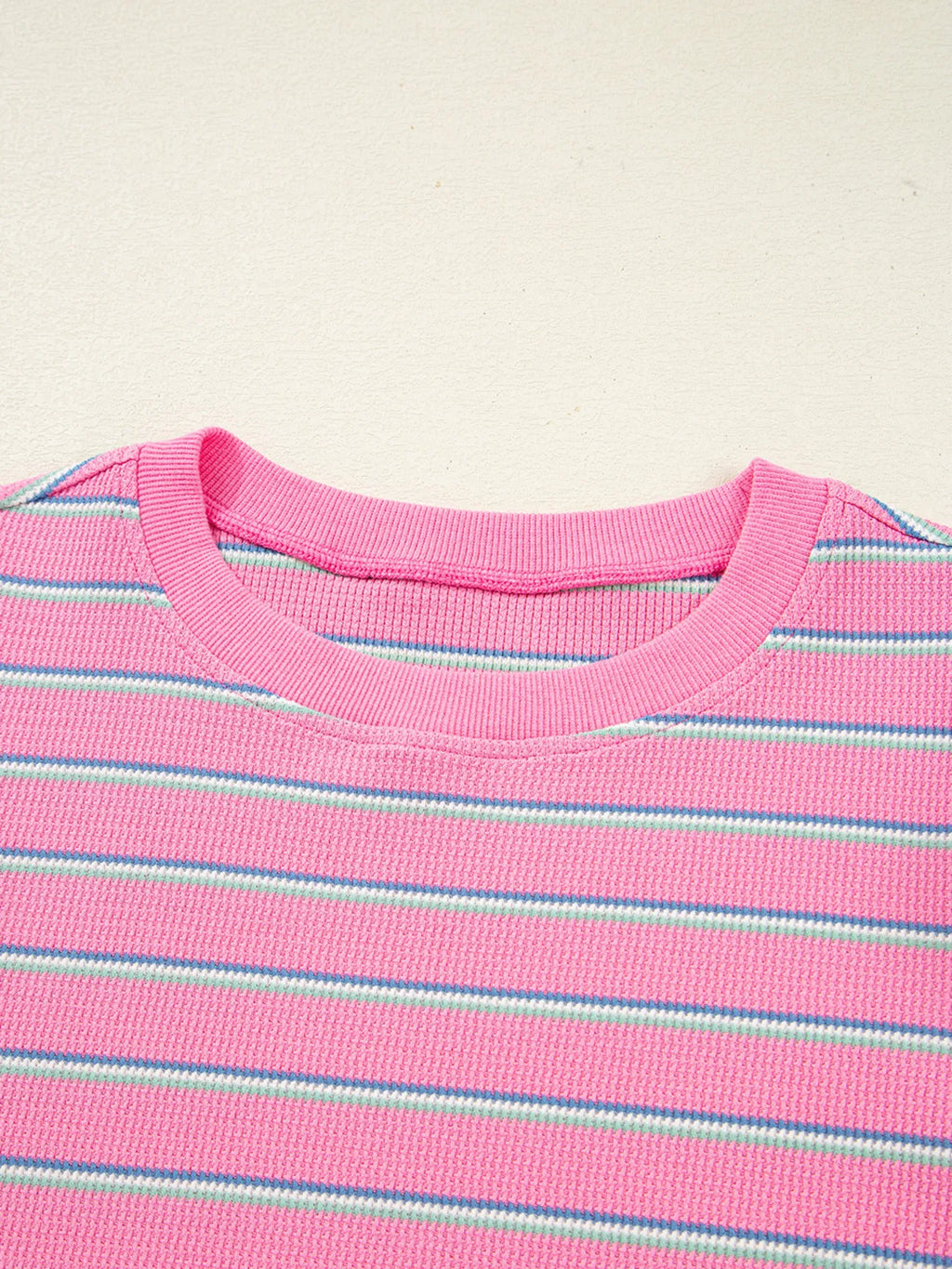 Sarah Express Women's Stripe Textured Knit Round Neck Puff Sleeve Top