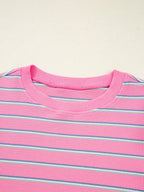 Sarah Express Women's Stripe Textured Knit Round Neck Puff Sleeve Top